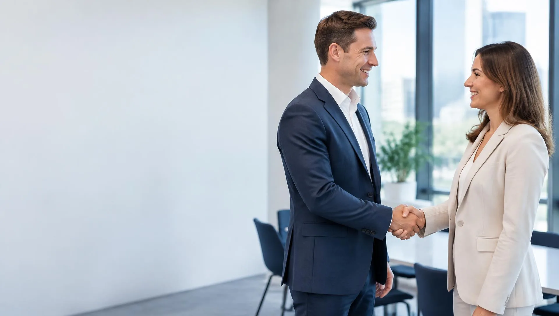 A clean-shaven man in a navy suit shaking hands with a smiling businesswoman in a bright office