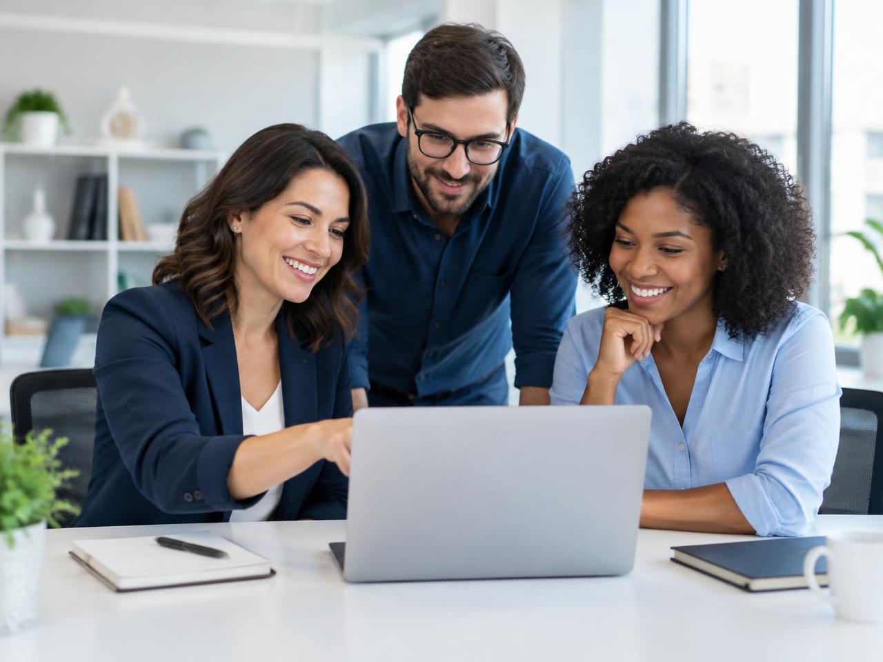 A business owner and a web designer reviewing a website together with a colleague in a bright office